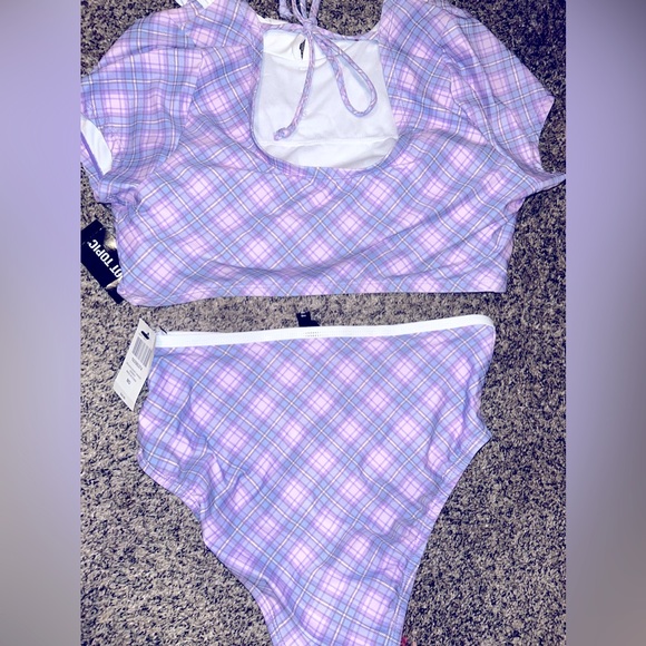 Hot Topic Kawaii Pink & Purple Plaid Collared Swim Top & High waisted bottoms - Picture 9 of 13